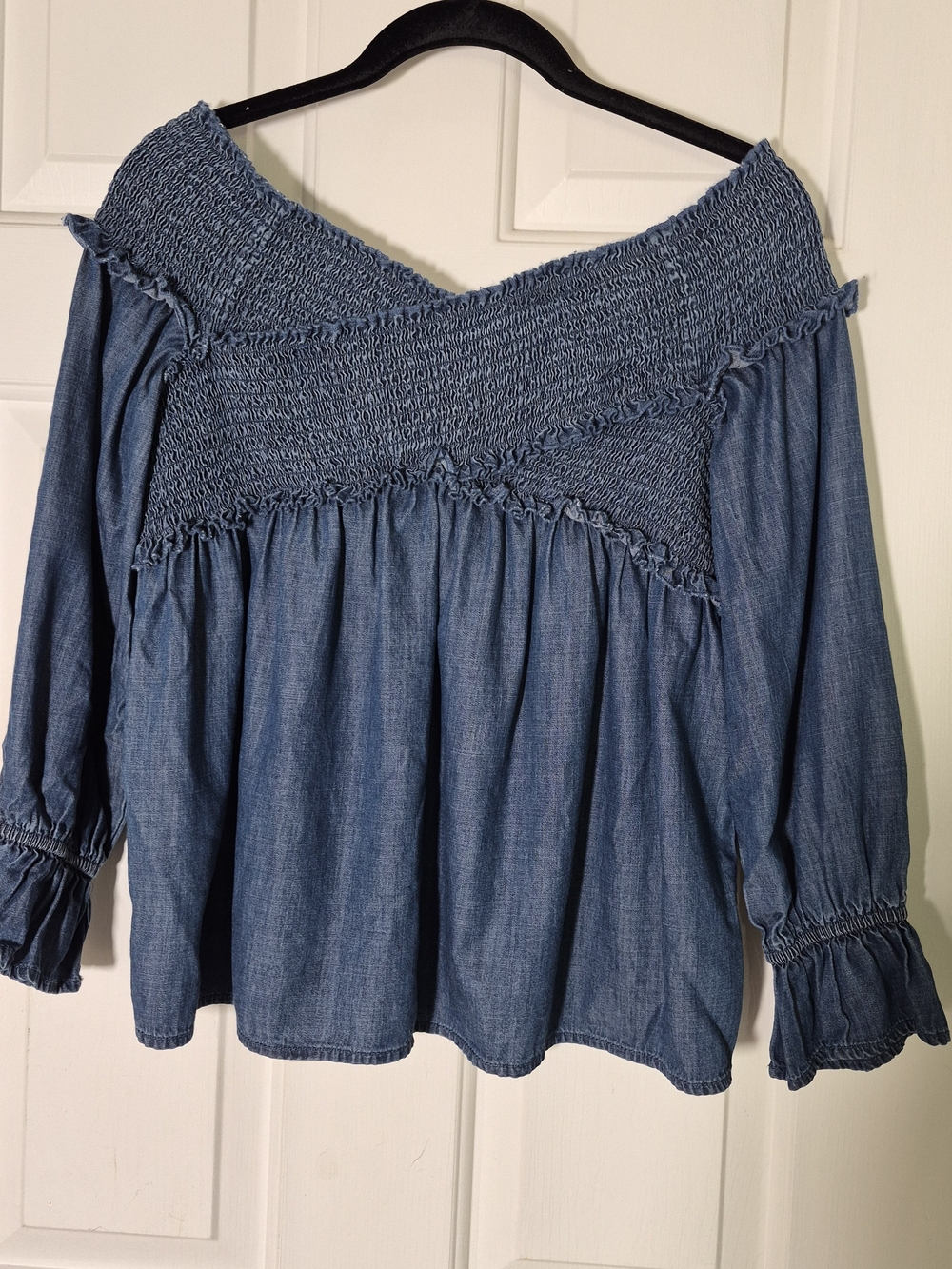 INC International Concepts Denim-Look Smocked Off-The-Shoulder Top